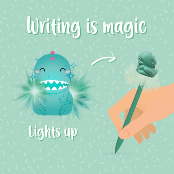 LEGAMI Leuchtender Kugelschreiber mit Dino 2 1 | Penna a Sfera Luminosa con Dinosauro – Writing is Magic