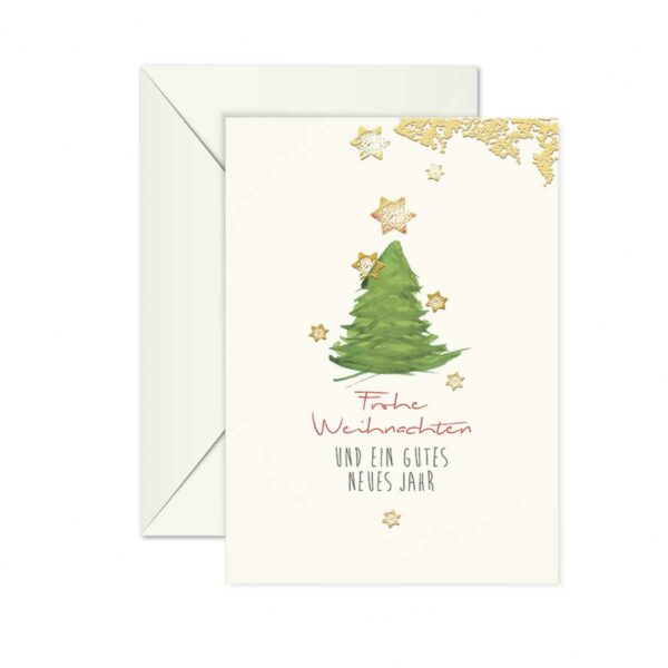 Weihnachtskarte Tannenbaum und Goldsterne