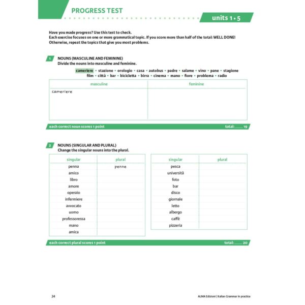 ALMA Edizioni Italian grammar in practice updated edition A1 B2 English version Progress Test 1 | Italian grammar in practice - updated edition A1-B2 (English version)
