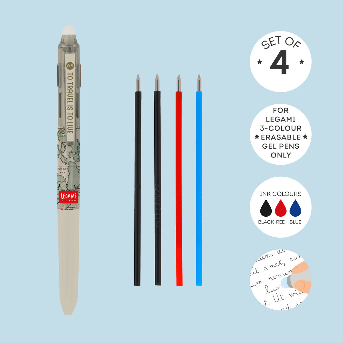 LEGAMI Set di 4 Refill per Penna Gel Cancellabile 3 Colori