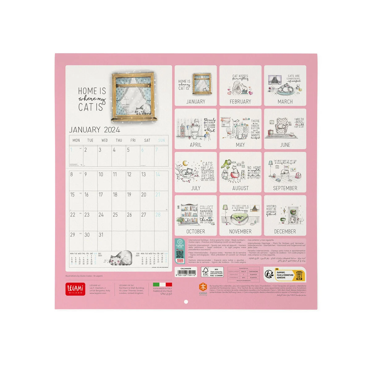 LEGAMI Sketchy Cats Wall Calendar 2024 – 30 x 29 cm