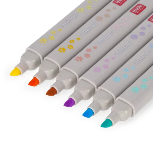 LEGAMI Set mit 6 Meow Textmarker in Pastellfarben mit doppelter Spitze 2 | Meow Textmarker in Pastellfarben mit doppelter Spitze