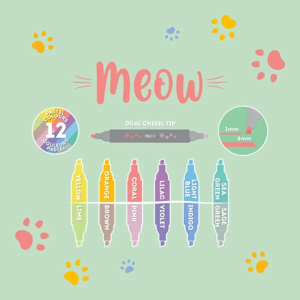 LEGAMI Set mit 6 Meow Textmarker in Pastellfarben mit doppelter Spitze 7 | Meow Textmarker in Pastellfarben mit doppelter Spitze